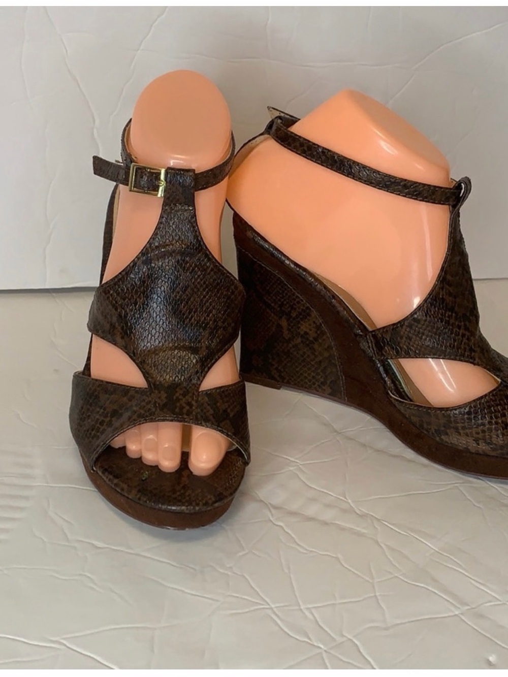 Cato Dark Brown Snakeskin Wedge Sandals